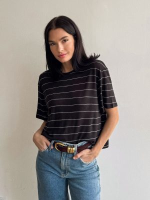 Marty Stripe Linen Top in Black