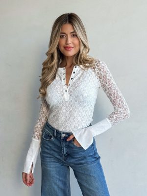 Thea Lace Henley Top in Off White